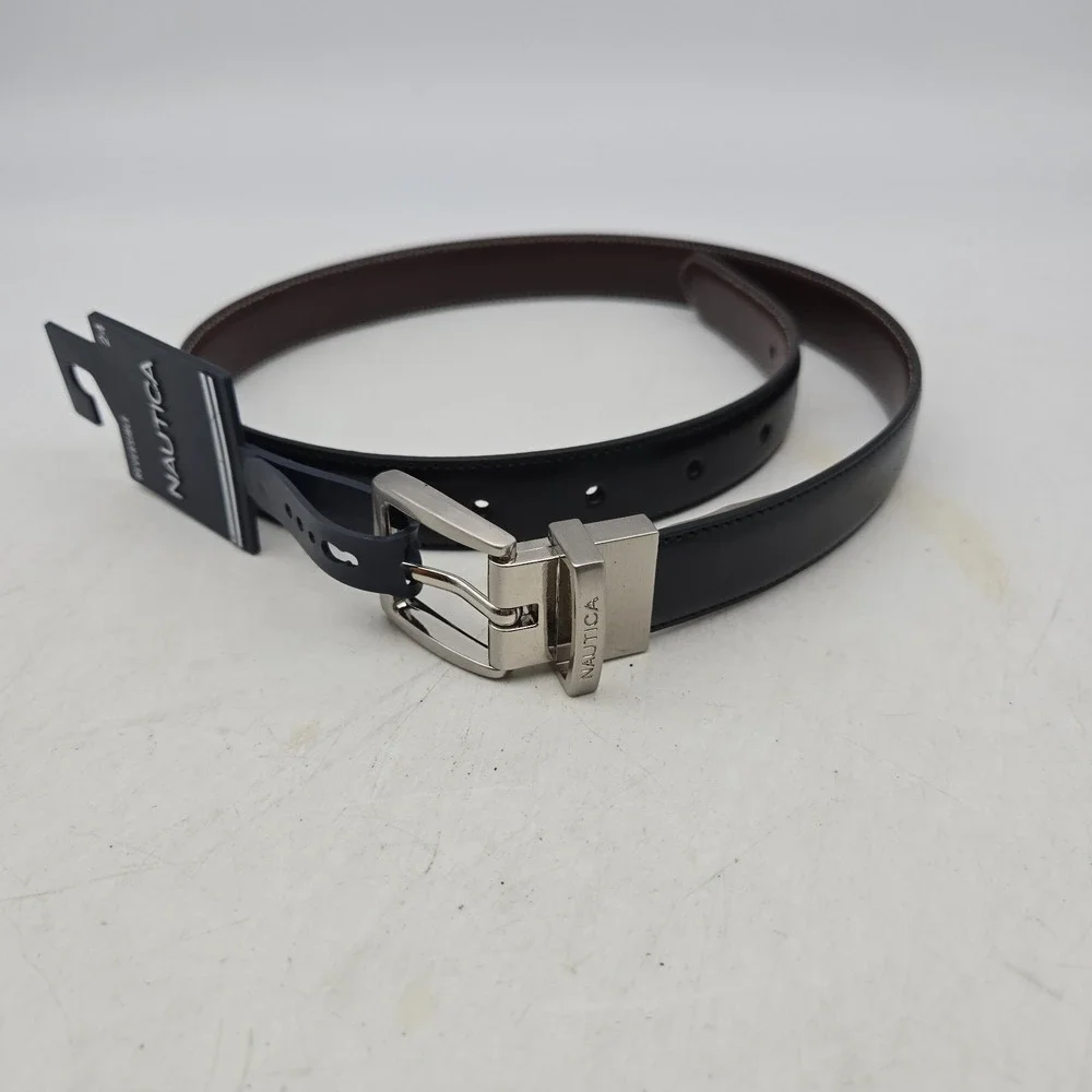 Nautica Belt Black Brown Reversible Syn Leather Womens 24 Nickel Buckle